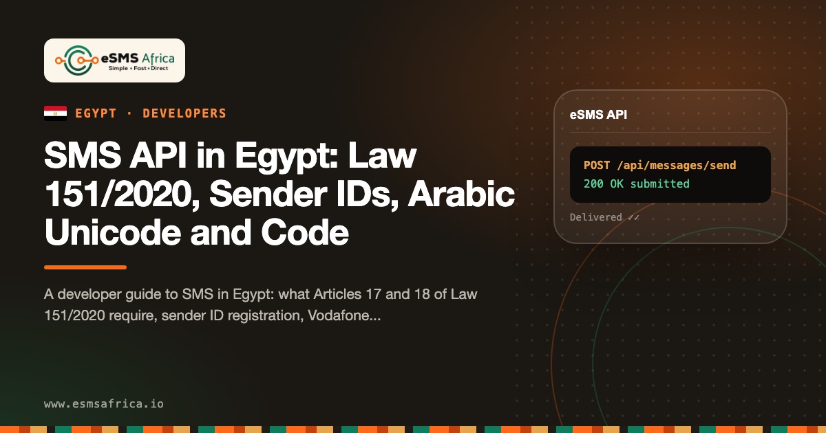 SMS API in Egypt: Law 151/2020, Sender IDs, Arabic Unicode and Code