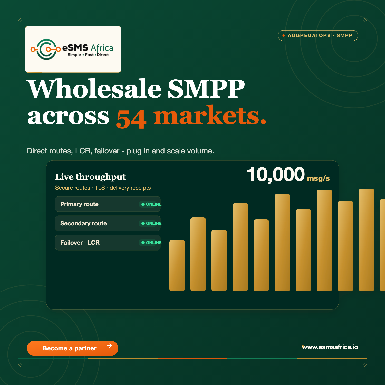 Wholesale SMPP across 54 markets.