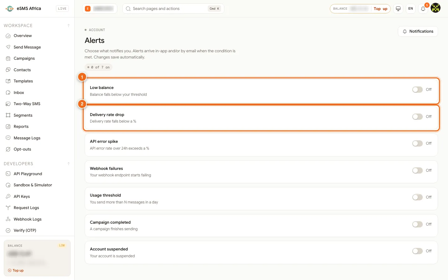 Alerts page listing Low balance and Delivery rate drop alerts with On and Off switches, and further alert types below