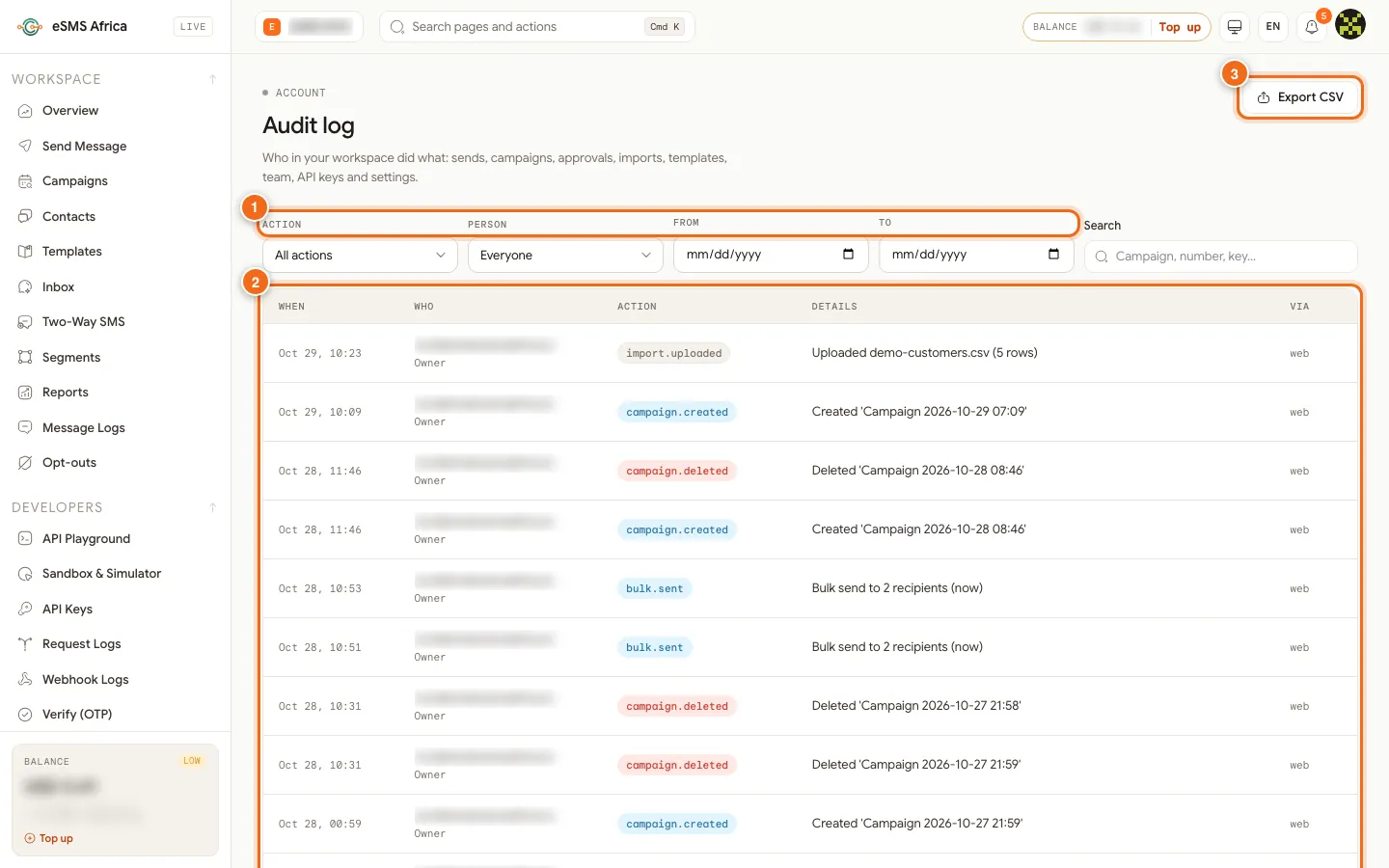 Audit log page with Action, Person, From, To and Search filters, a table of activity and the Export CSV button