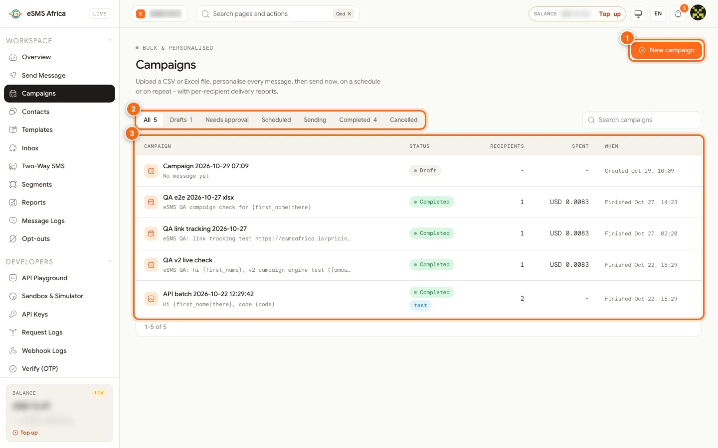 eSMS Campaigns page with New campaign, status tabs and the campaigns table numbered 1 to 3