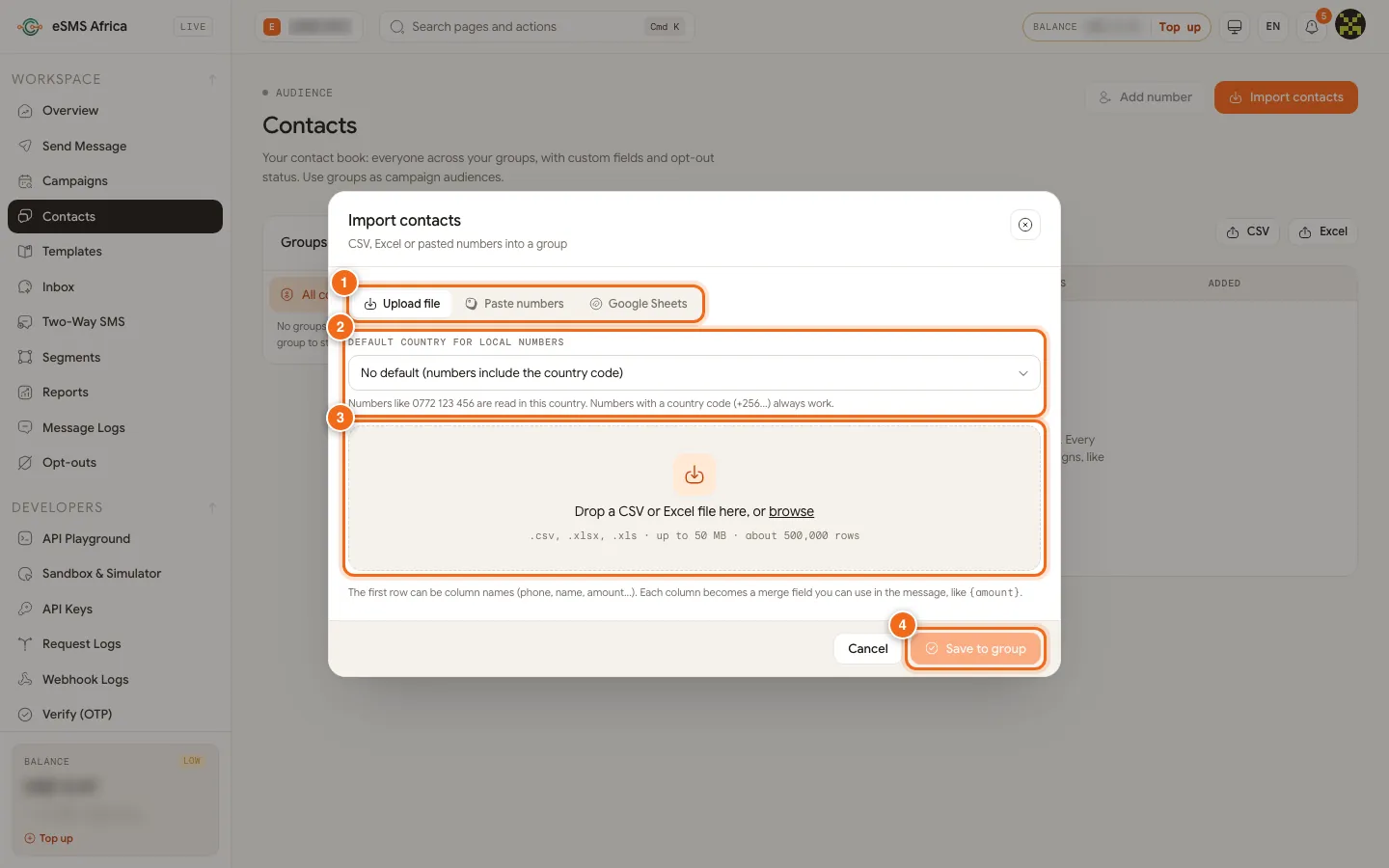 eSMS Import contacts dialog with source tabs, default country, file drop area and Save to group numbered 1 to 4