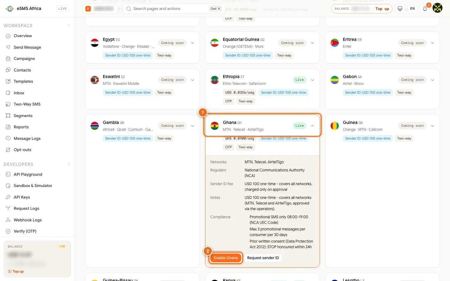 Ghana country card opened on the eSMS Countries page with networks, regulator, fee notes and the Enable Ghana button numbered 1 and 2