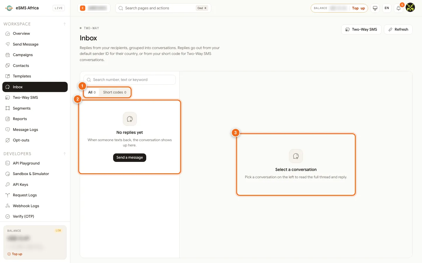 Inbox with All and Short codes filters, an empty conversation list and the conversation pane waiting for a selection