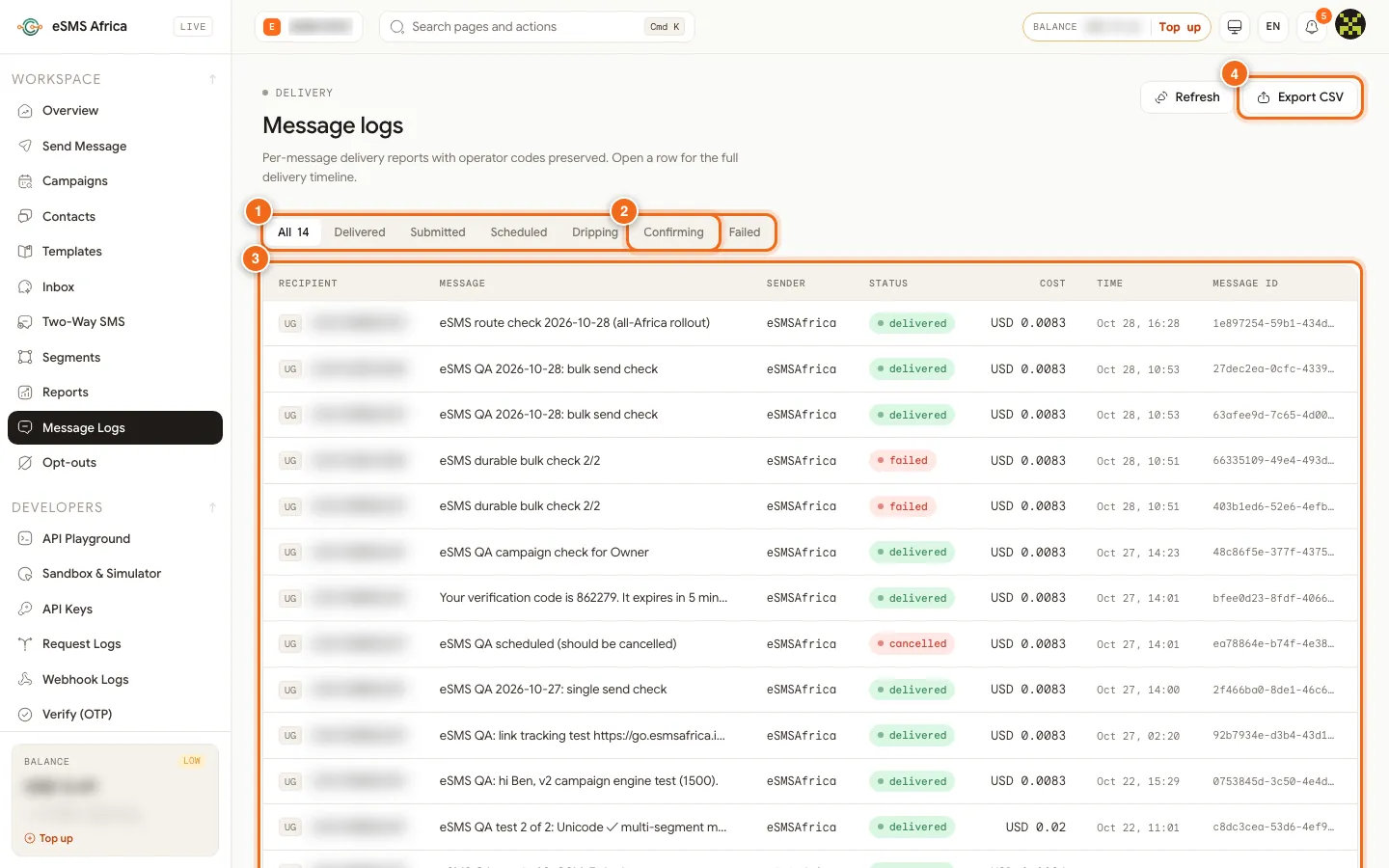 Message logs with status tabs, a table of recipients, messages, senders, statuses and costs, and the Export CSV button