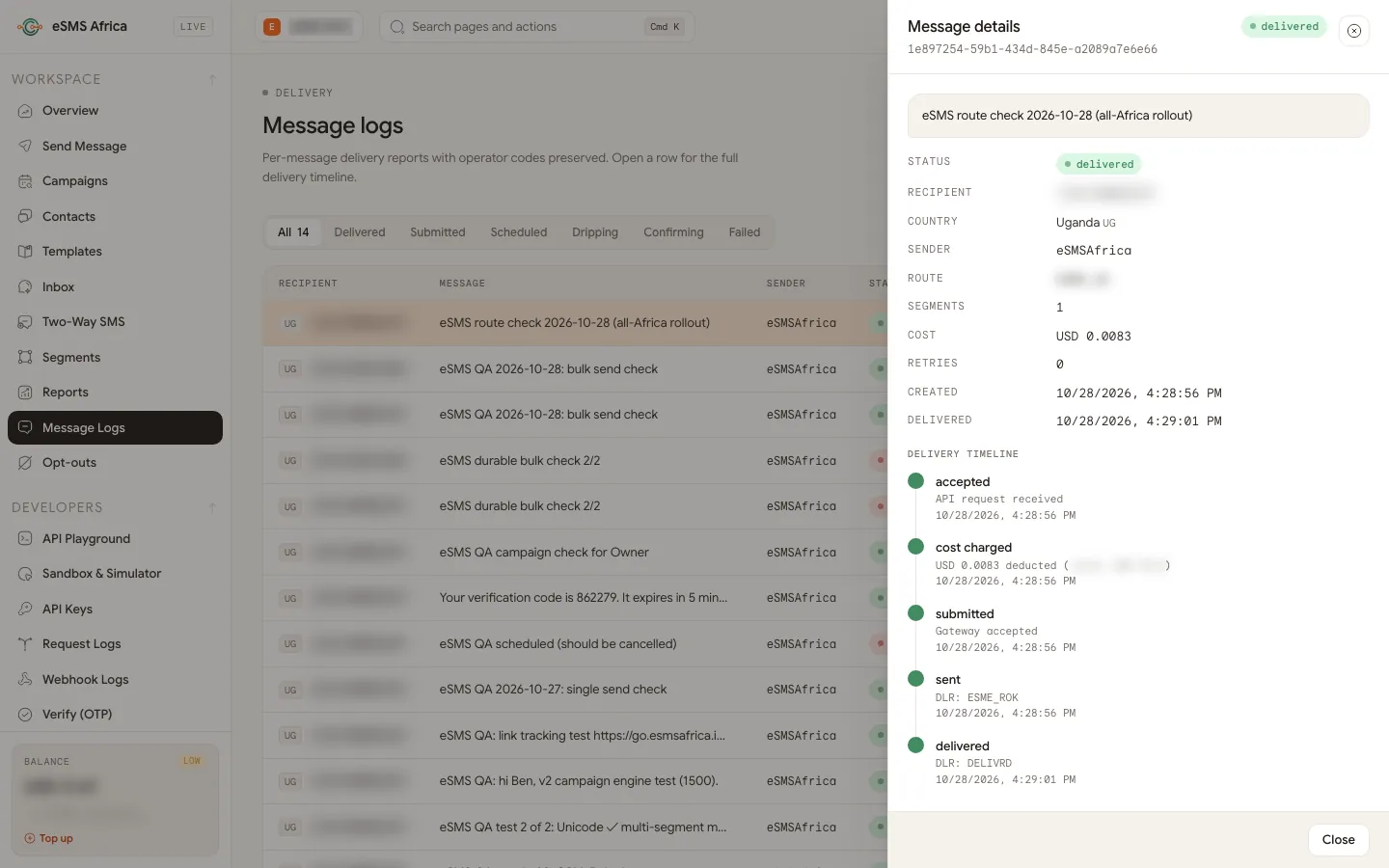 Message details panel showing a delivered SMS with cost, segments and a delivery timeline from accepted to delivered