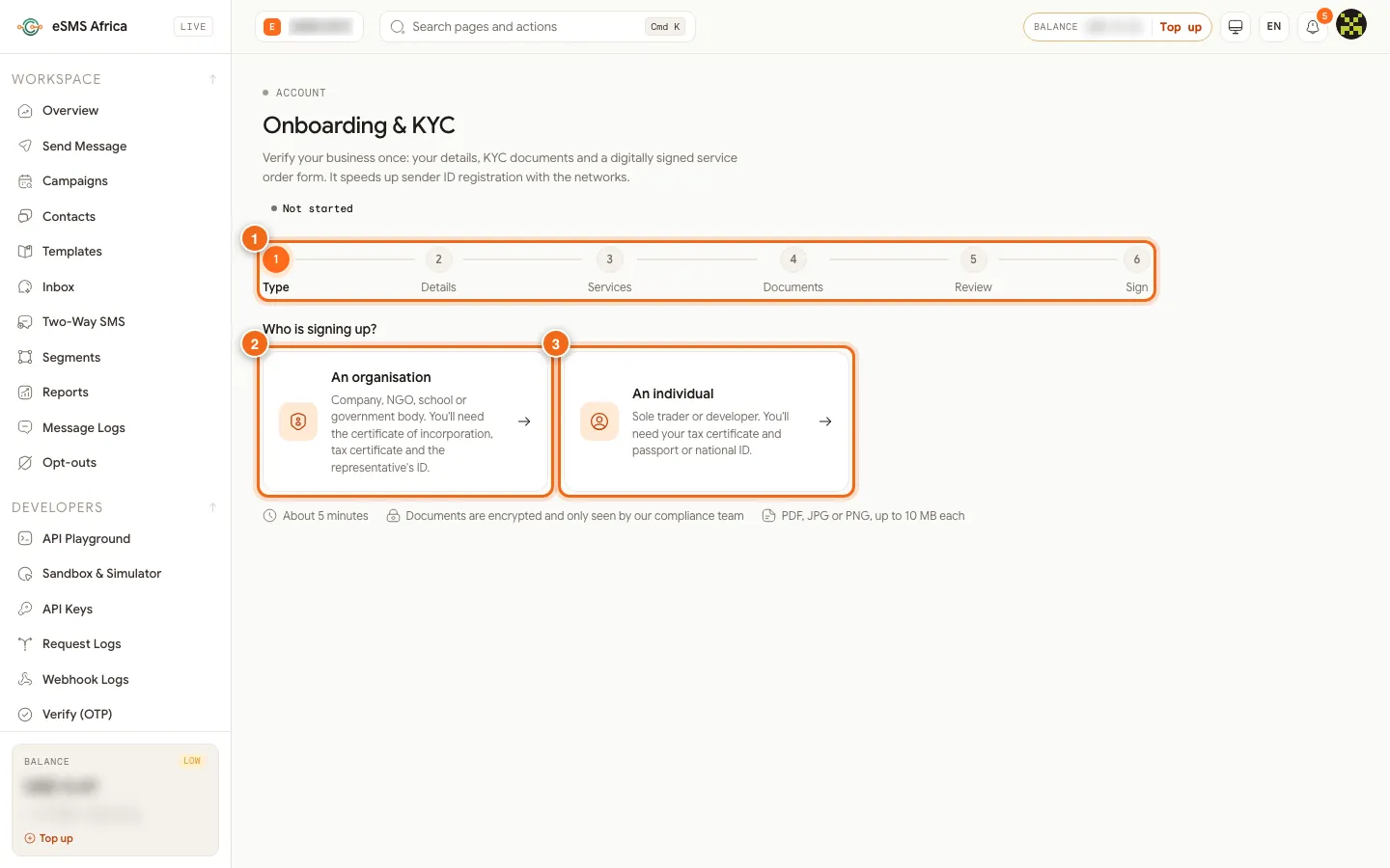 eSMS Onboarding and KYC page with the six steps and the organisation or individual choice numbered 1 to 3