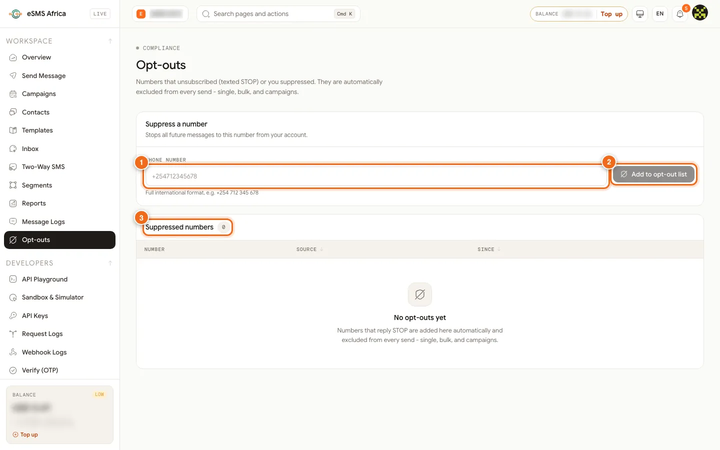 eSMS Opt-outs page with the phone number box, Add to opt-out list button and suppressed numbers list numbered 1 to 3