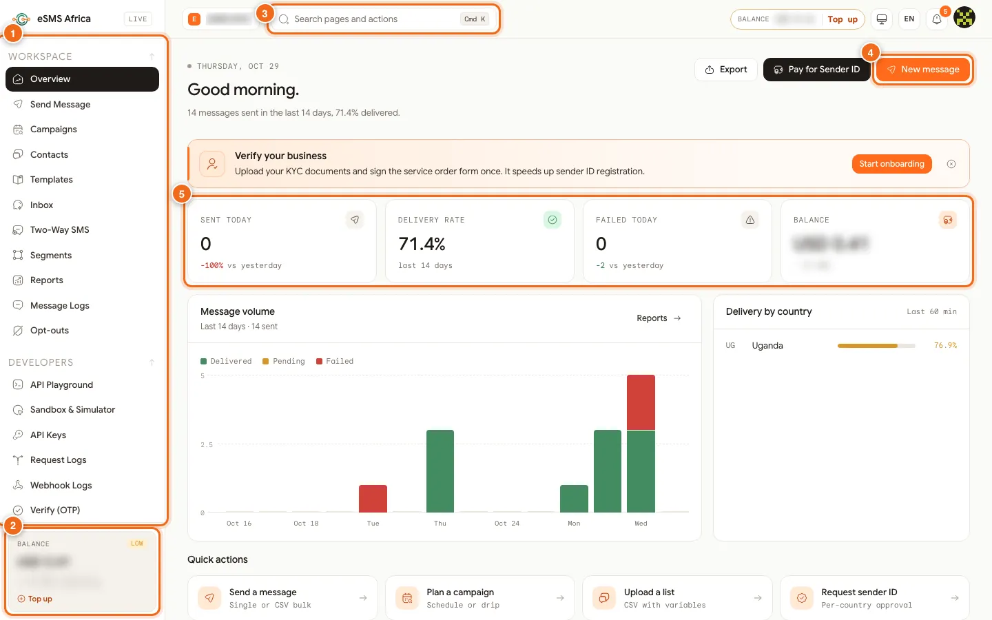 eSMS dashboard Overview with the left menu, balance card, search box, New message button and today's numbers numbered 1 to 5