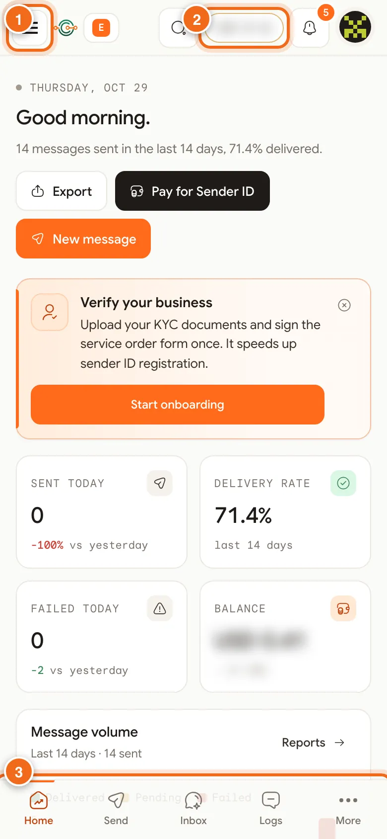 eSMS dashboard on a phone with the menu button, balance pill and bottom bar numbered 1 to 3