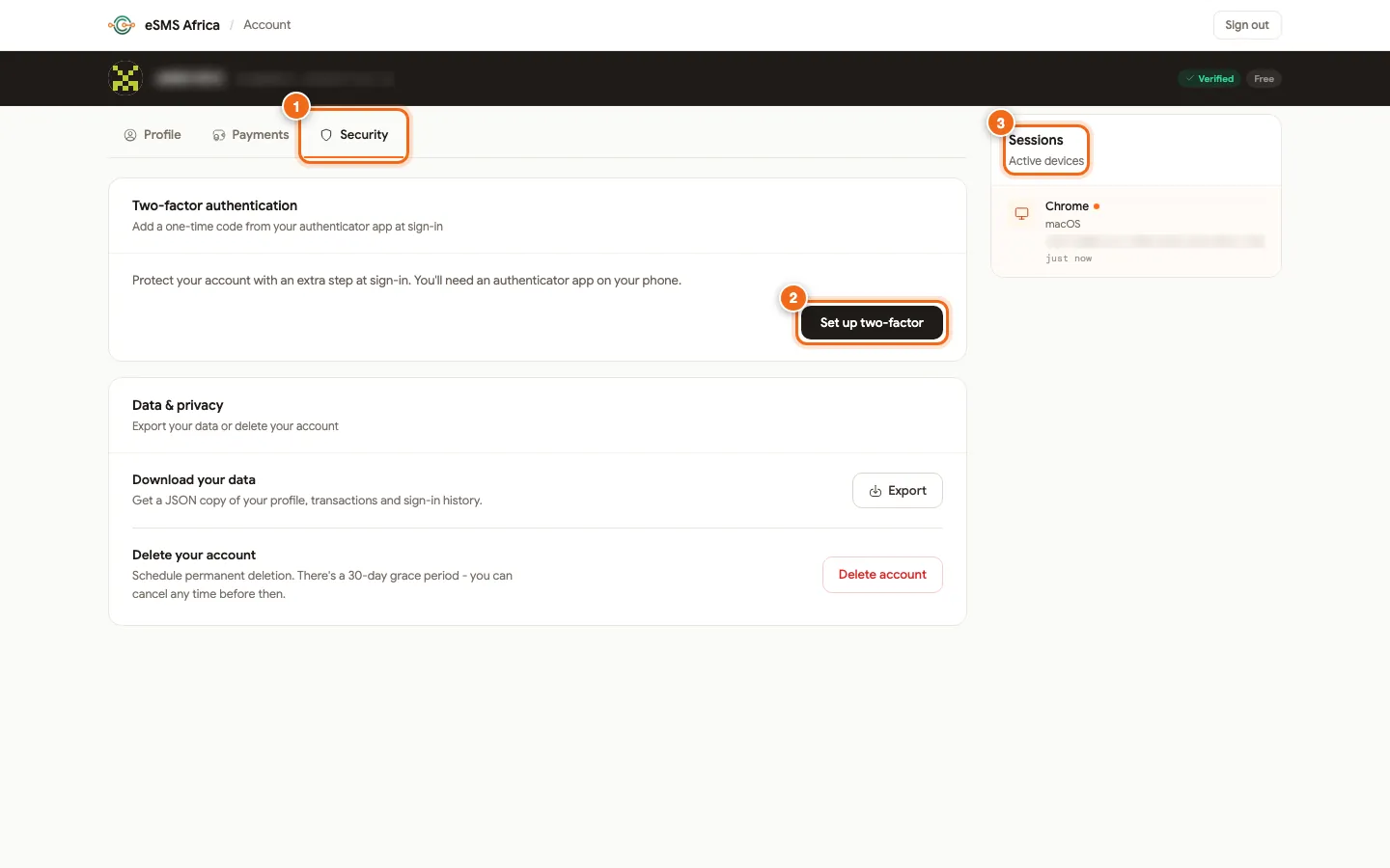 Account profile Security tab with Set up two-factor, Data and privacy export and delete options, and the Sessions list of active devices