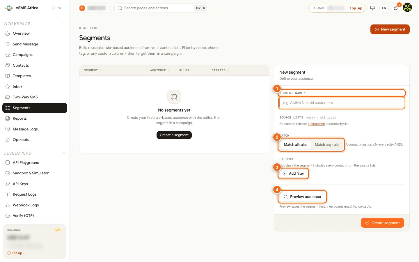 eSMS New segment editor with segment name, match all or any, Add filter and Preview audience numbered 1 to 4