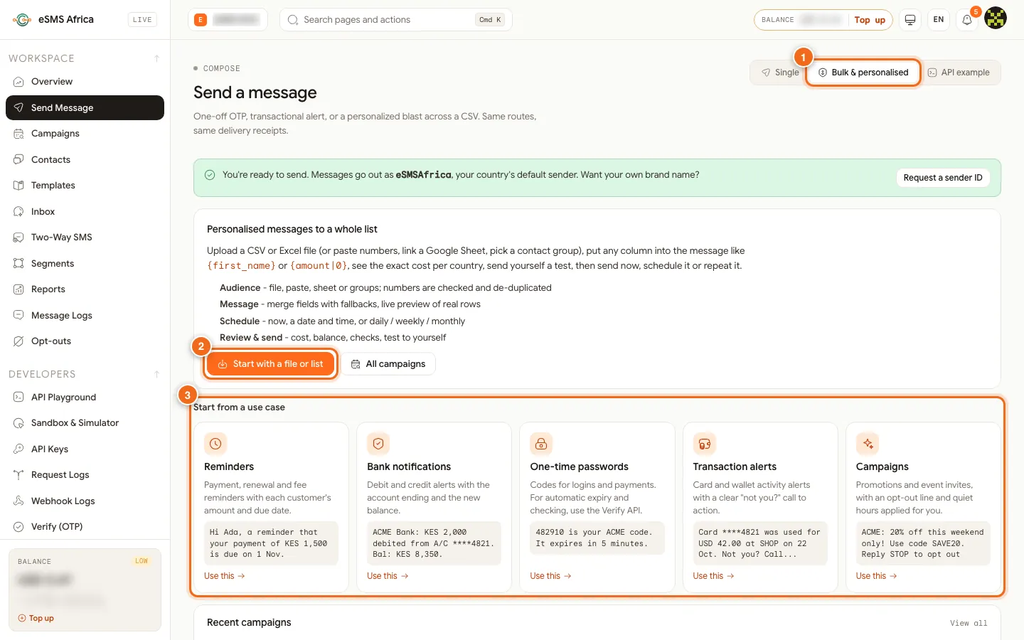 eSMS Send page Bulk and personalised tab with Start with a file or list and use-case cards numbered 1 to 3