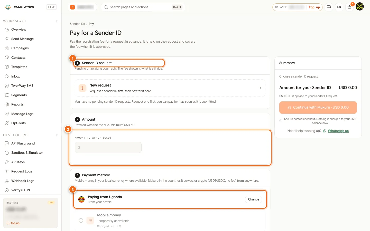 Pay for a Sender ID page with step 1 request, step 2 amount with USD 50 minimum, step 3 payment method and a summary