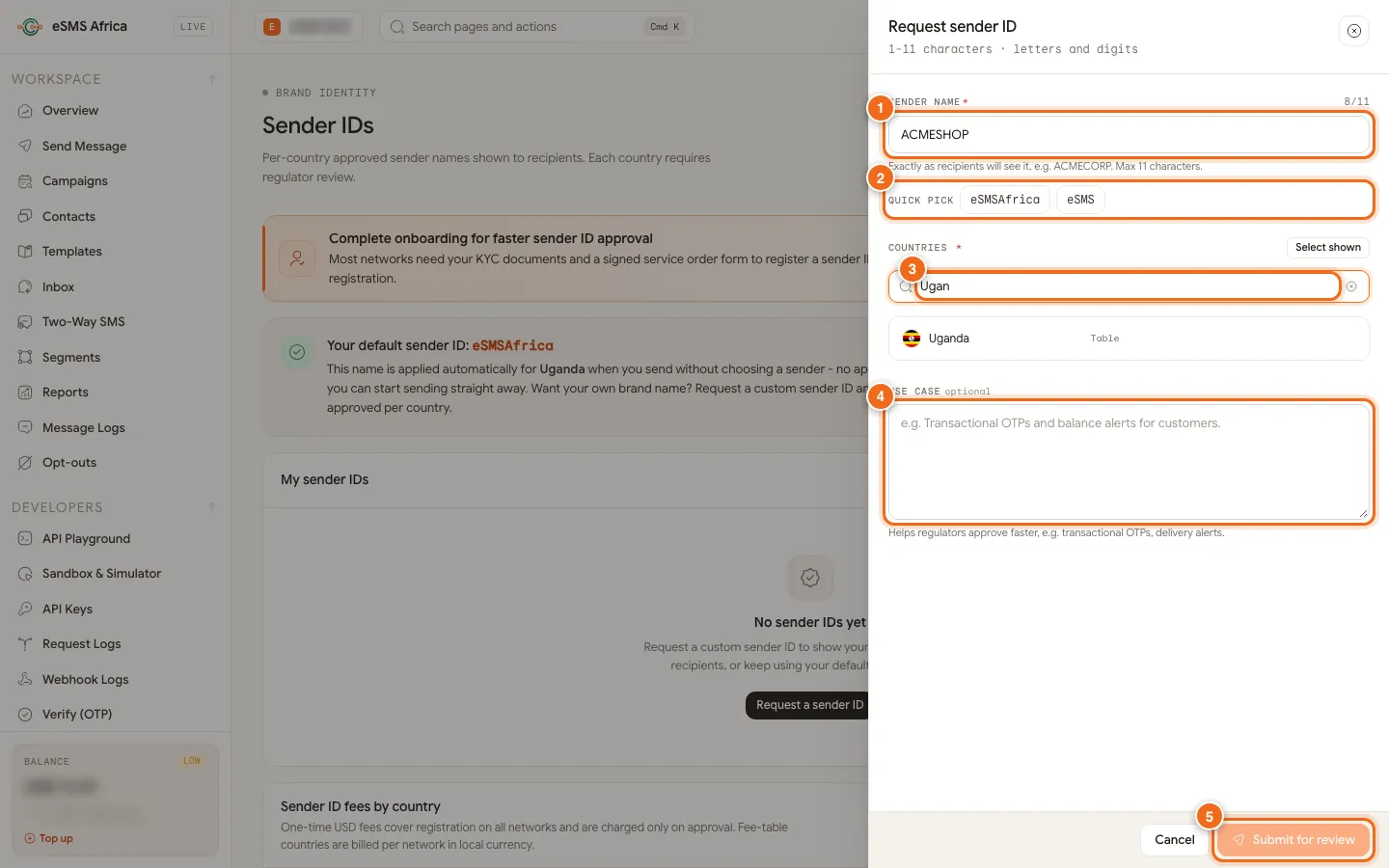 Request sender ID panel with sender name, quick pick, countries search, use case and Submit for review numbered 1 to 5