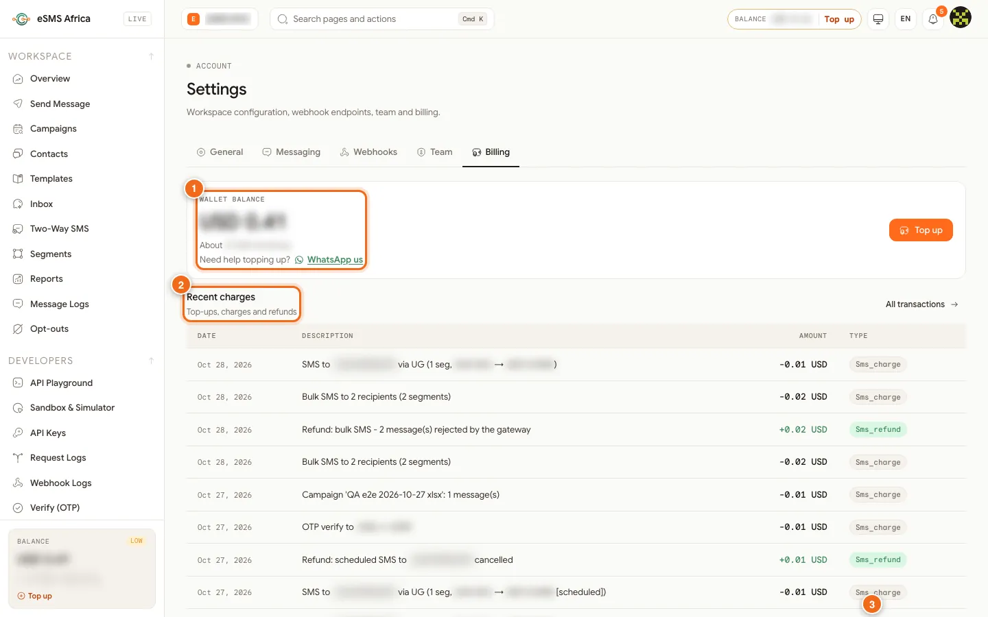 Settings Billing tab with the wallet balance and Top up button, and a Recent charges table of SMS charges and refunds