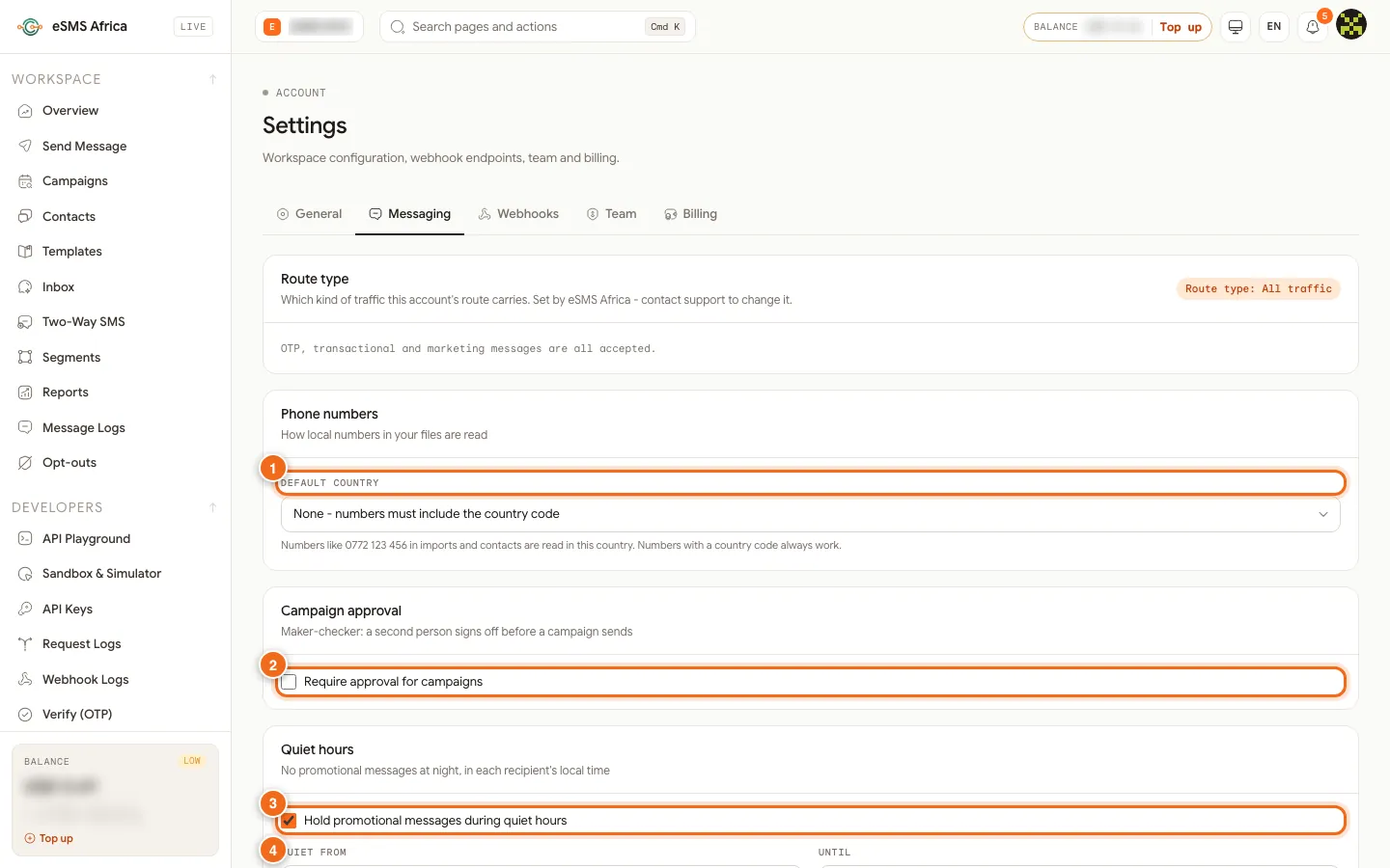 eSMS Settings Messaging tab with the Require approval for campaigns option and quiet hours numbered 1 to 4