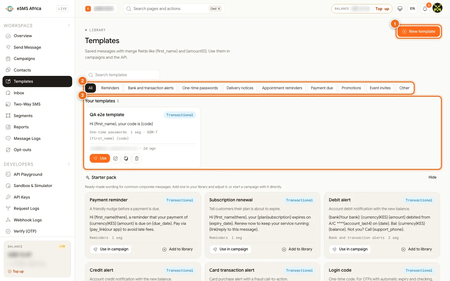 eSMS Templates page with New template, category filters and your templates numbered 1 to 3