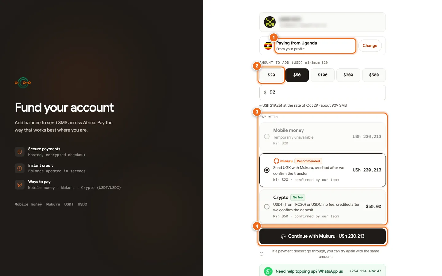 eSMS Fund your account page with country, amount presets, payment methods and the pay button numbered 1 to 4