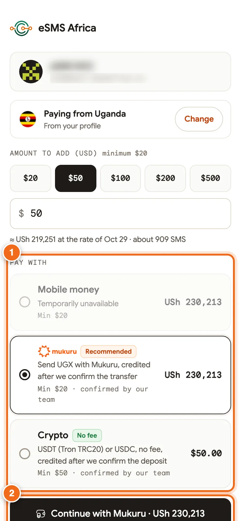 Top-up page on a phone showing the Pay with options and the Continue with Mukuru button numbered 1 and 2