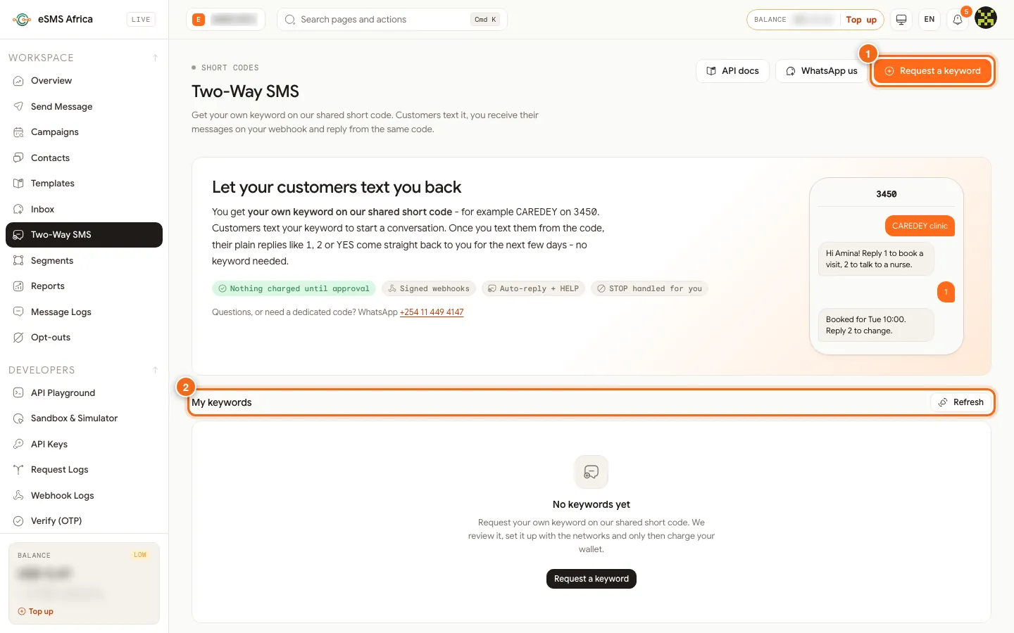 Two-Way SMS page with the Request a keyword button, an example CAREDEY conversation on short code 3450 and the My keywords list
