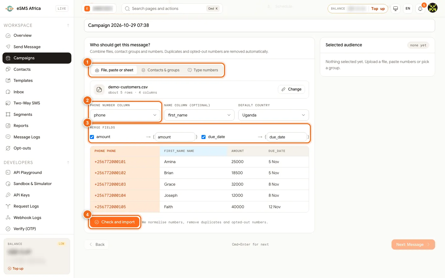Campaign wizard Audience step with source tabs, phone column, merge fields and Check and import numbered 1 to 4