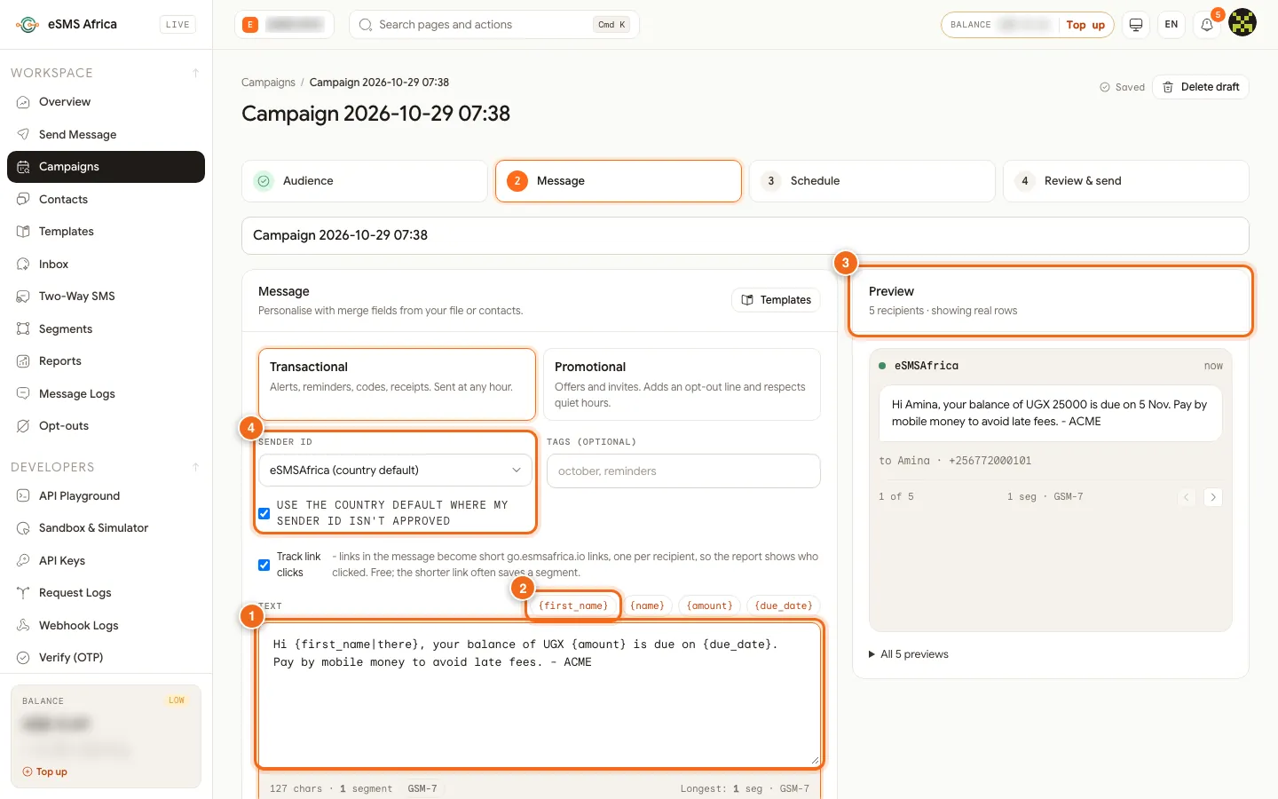 Campaign wizard Message step with merge field chips, a live preview of real rows and the sender ID selector