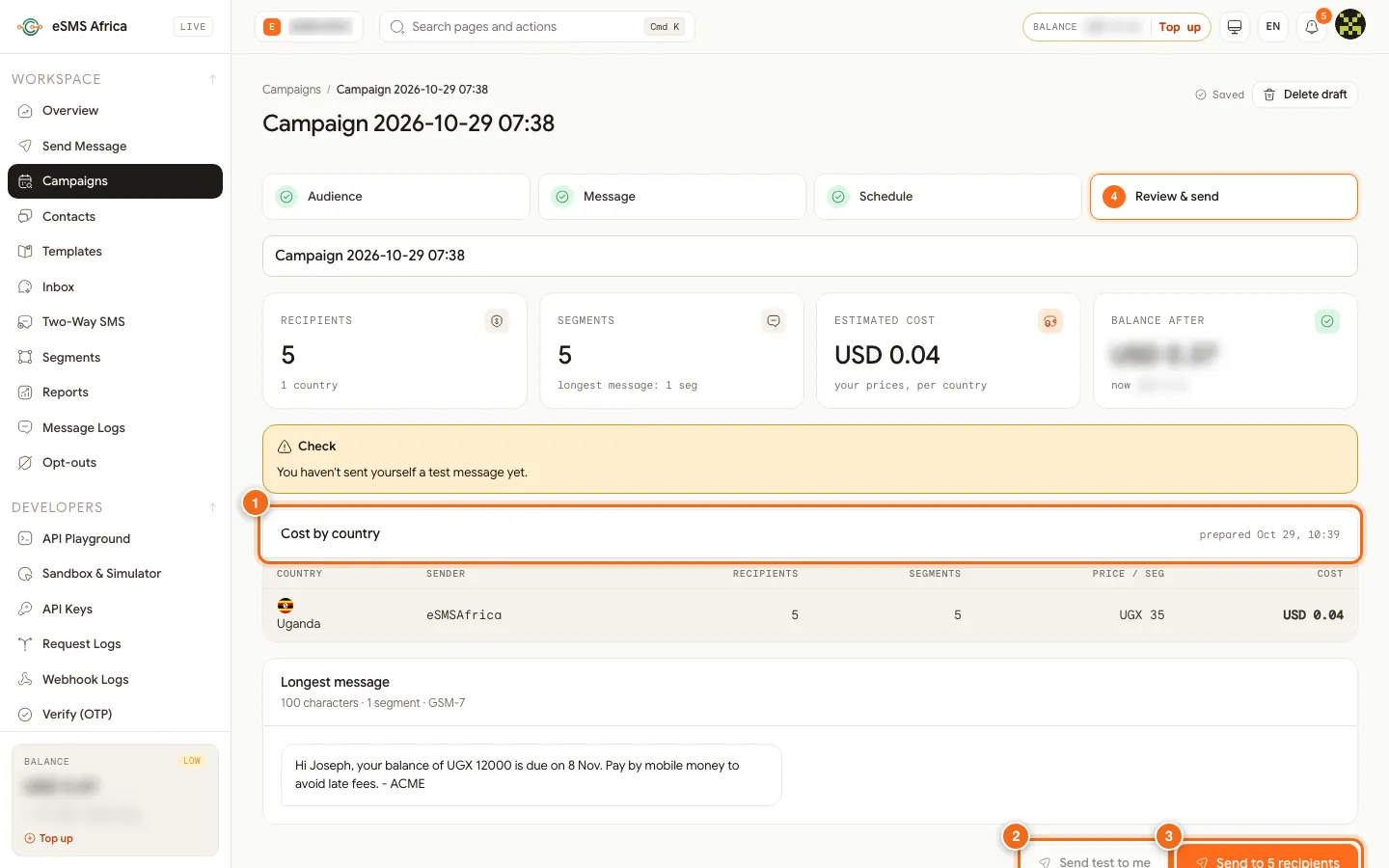 Campaign wizard Review and send step with cost by country, Send test to me and the send button numbered 1 to 3