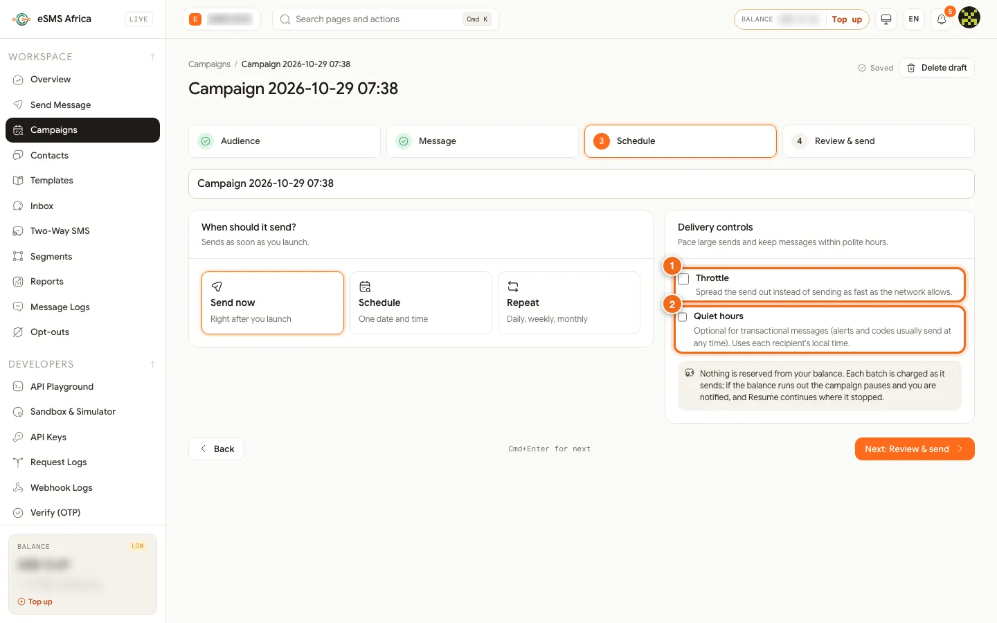 Campaign wizard Delivery controls with Throttle and Quiet hours options numbered 1 and 2
