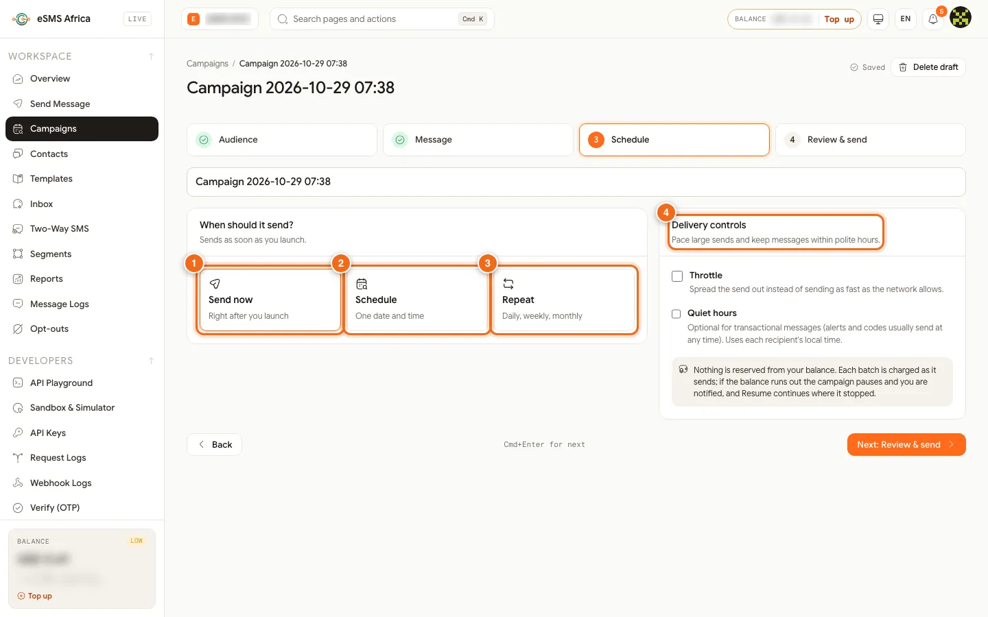 Campaign wizard Schedule step with Send now, Schedule and Repeat options and the Delivery controls panel