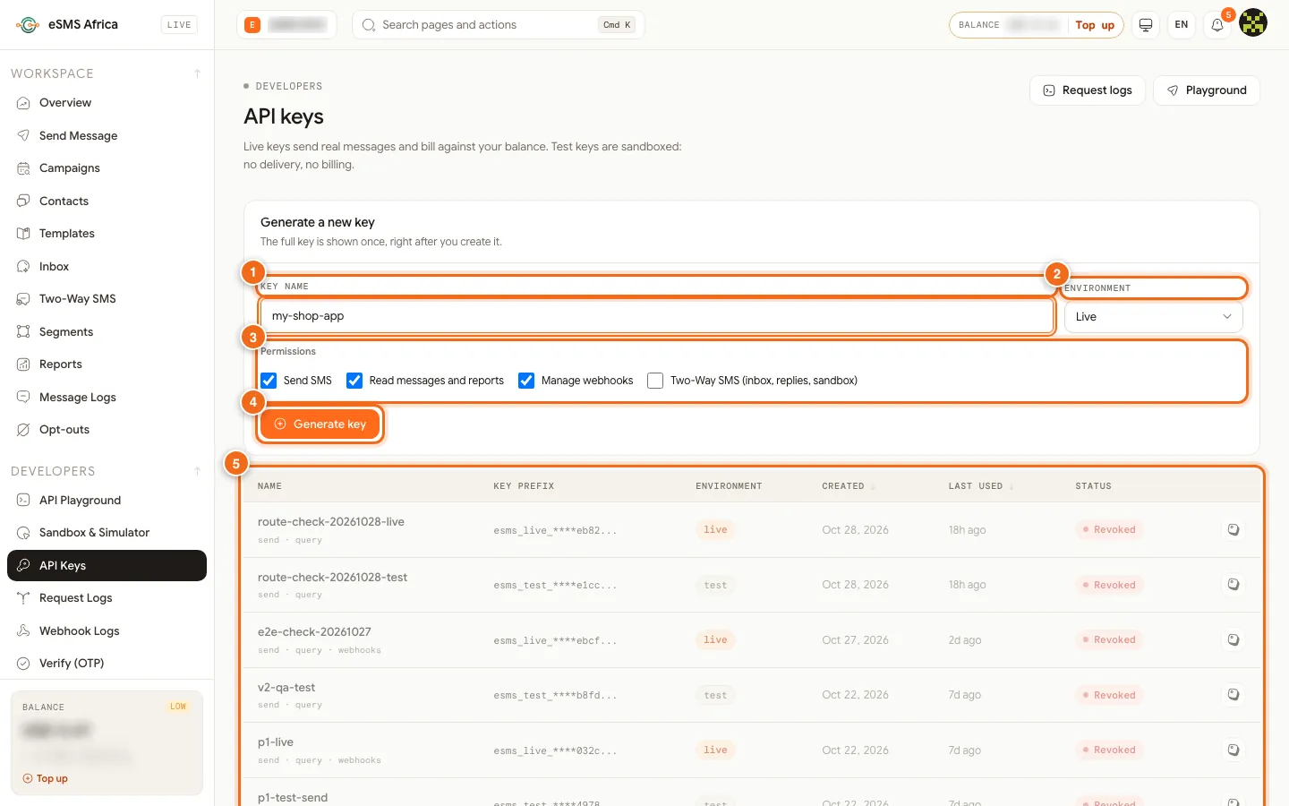 eSMS API keys page with the key name, environment, permissions, Generate key button and keys table numbered 1 to 5