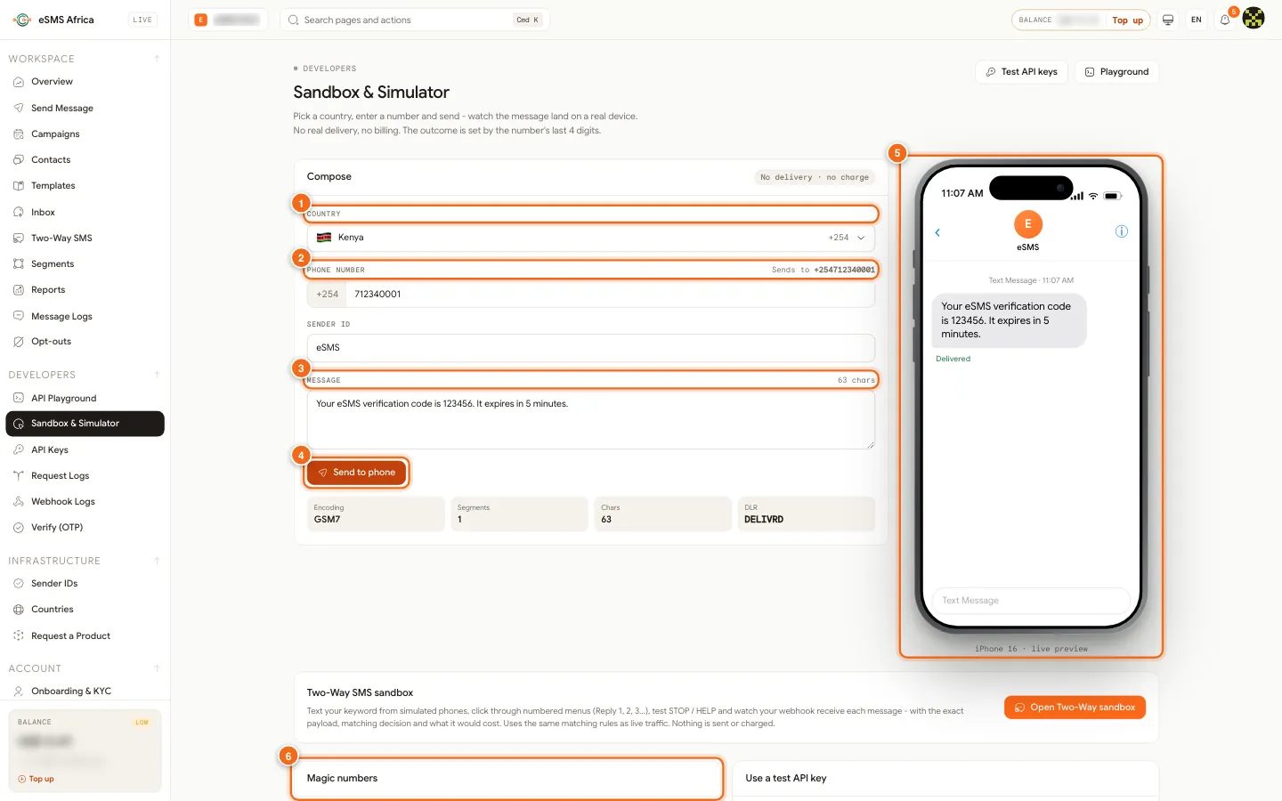 eSMS Sandbox and Simulator with country, phone number, message, Send to phone, iPhone preview and magic numbers numbered 1 to 6