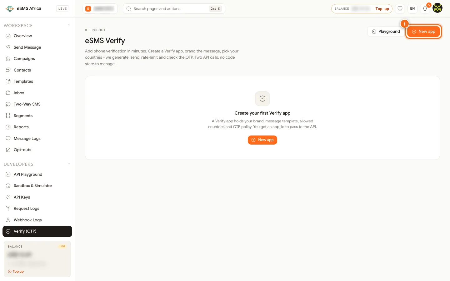 eSMS Verify page before any app exists, with the New app button numbered 1