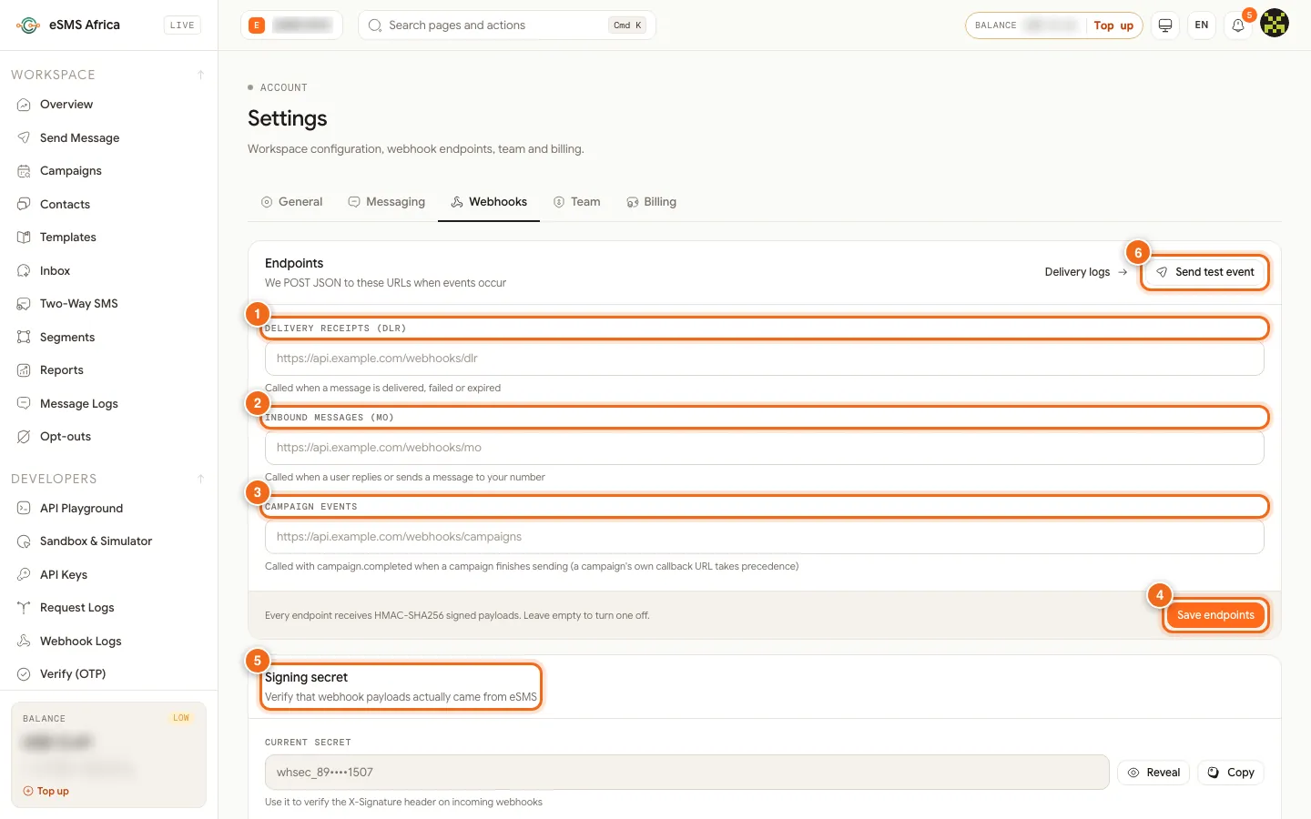 eSMS Settings Webhooks tab with DLR, inbound and campaign URLs, Save endpoints, signing secret and Send test event numbered 1 to 6
